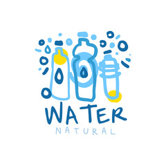 Obraz premium Hand drawn logo with blue bottles of mineral water