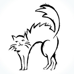 Hand drawn contour picture of cat silhouette isolated on white background. Template for Halloween design. Vector illustration.