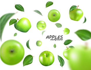 Vector falling green apples isolated on white background. The fruit as a whole. Realistic 3D