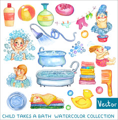 Watercolor children and bath time over white background