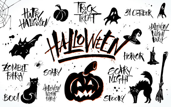 Halloween lettering and clipart set on white background. Hand drawn pictures, vector illustration. Template for banners, posters, merchandising, cards or photo overlays.