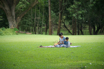 Young asian mother and son picnic in the park