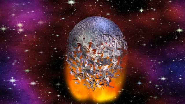 Sci-fi video, metal planet destruction in fire on cosmos background with stars and nebula. The planet explodes in the fire and collapses into particles