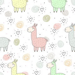 Cute seamless pattern with funny llama. vector illustration