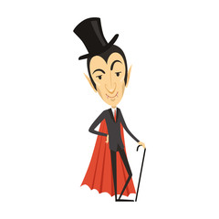 Count Dracula, vampire in suit, red cape, cylinder hat