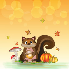 Vector and illustration of cute cartoon squirrel holding pine cone sitting on green glass with fallen maple leaves and surrounding with mushroom and pumpkin on bokeh light  background