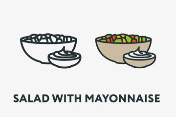Fresh Vegetable Salad Mayonnaise Sauce Bowl Plate Vegan Minimal Flat Line Outline Colorful and Stroke Icon Pictogram