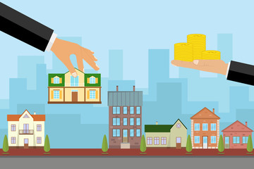 Naklejka premium The agent sells the house in exchange for money, the hand holds the house and the other keeps the money