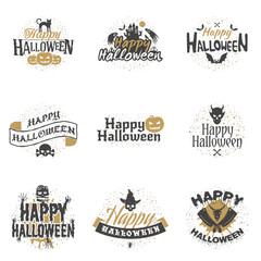 Set of happy Halloween badges or labels. Vector design elements for greetings card, party flyer and promotional materials. Vector illustration