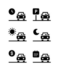 Car rent, parking, sell simple vector filled black icons set .Isolated on white background