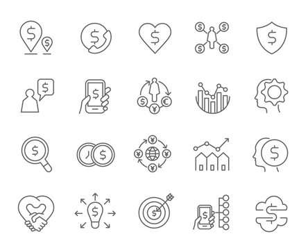 Thin line web icon set. For Economy icon, marketing, money, finance, payments, Vector Illustration.