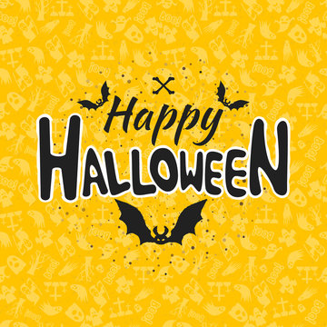 Happy Halloween greeting card. Typography design elements on seamless background. Black and yellow color theme. Vector illustration