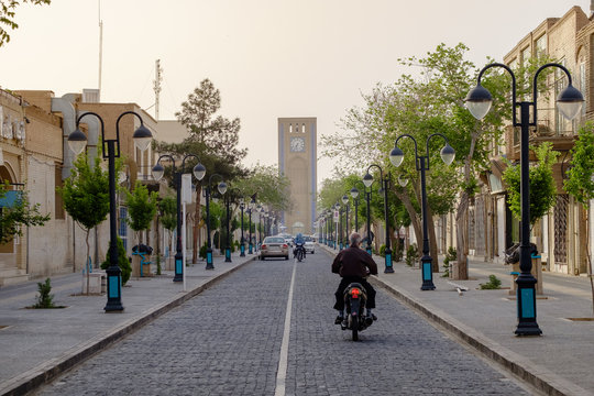 morning time view of clock tower landmark at saat squre, Yazd, Iran