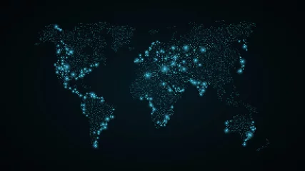 Deurstickers Abstracte wereldkaart. Blauwe kaart van de aarde vanaf de vierkante punten. Donkerblauwe achtergrond. Blauwe lichten. High Tech. Sci-fi-technologie. Grote steden. Globaal netwerk. vector illustratie © sersupervector
