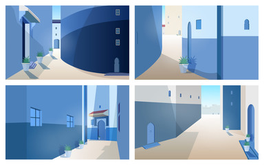 Collection of beautiful Morocco landscapes with building walls, doors of traditional shape, outdoor plants growing in pots. Set of gorgeous street views of ancient Moroccan city. Vector illustration.