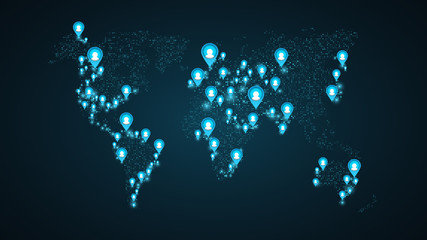 Geolocation of users on the world map. Planet Earth. America, Asia, Africa, USA. Blue markers with user icons. Map of points. Global network. The world population. Blue glow. Vector illustration