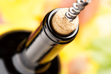 A closed bottle of red wine with corkscrew. Top view.