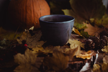 jesień, liście, dynia, kawa