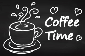 Coffee time. Hot drink. break. On the chalkboard. For your design.