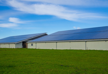 Solar panels or photovoltaic on modern farm buildings with blue sky and green grass,...