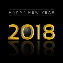 Fototapeta na wymiar Happy new year 2018 gold illustration with reflection on black vector background