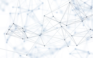 3D Abstract Polygonal Space White Background with Blue Low Poly Connecting Dots and Lines. Endless Mesh Representing Internet Connections in Cloud Computing.