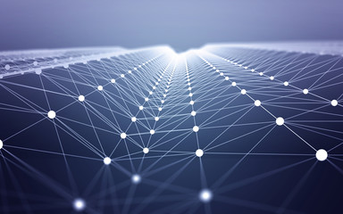 3D Abstract Polygonal Space Blue Background with White Low Poly Connecting Dots and Lines. Endless Mesh Representing Internet Connections in Cloud Computing.