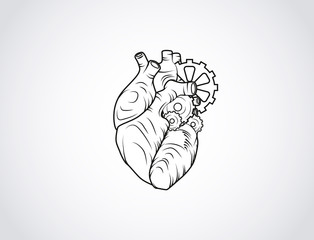 Human mechanical heart sketch. Anatomical heart illustration with wheels isolated. Enraved.