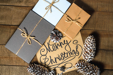 Boxes with gifts, cones, text 