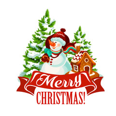 Fototapeta na wymiar Christmas card with snowman and Santa gift bag