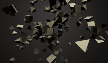 
3D Rendering Of Abstract Flying Chaotic Pyramids On Dark Background