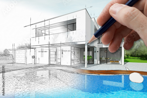 "Dessin d'une maison d'architecte avec plan et piscine" zdjęć