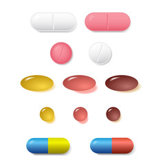 Set of various vector pills and tablets of different colors isolated