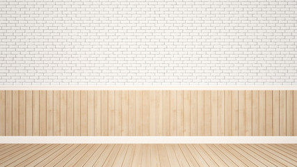 brick wall and wood wall decorate in empty room for art work - Interior design - 3D Rendering