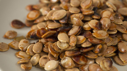 Closeup of fried pumpkin seeds.