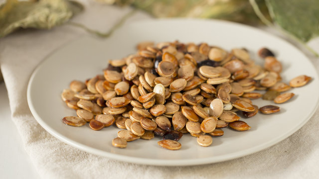 Closeup of fried pumpkin seeds.