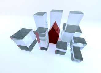 Abstract model of a red building in a perspective viev surrounded by city of cubes. 3D rendering