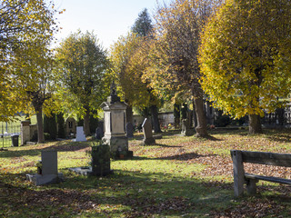 village cementery in autumn sunny day