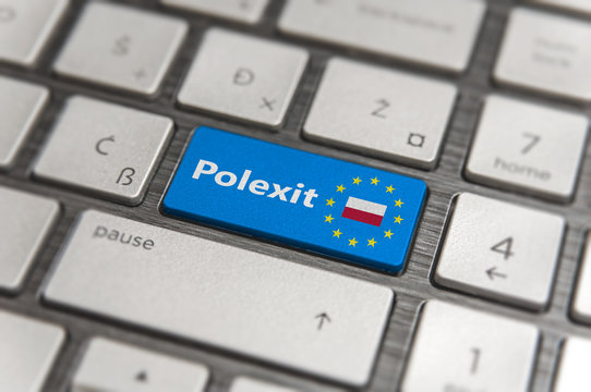 Blue key Enter Poland Polexit with EU keyboard button on modern text communication board