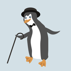 Old fashioned dancing penguin in comic hat. Objects grouped and named in English. No mesh,gradient, transparency used.