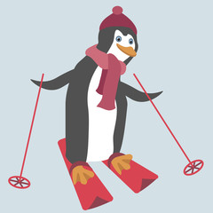 Funny penguin is skiing. Objects grouped and named in English. No mesh, gradient, transparency used