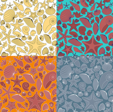 Seamless pattern made of shells and starfishes painted in 4 different styles.