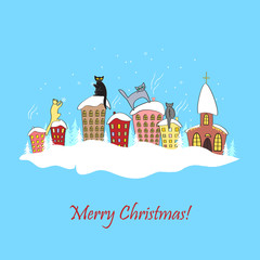 Cartoon christmas card design with cats in silhouettes sitting on the top of the roof watching snowflakes