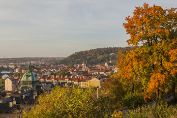 Autumn in Prague. View of Prague, the Vltava River and Prague bridges.