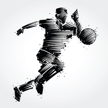 Soccer player running behind the ball made of black brushstrokes