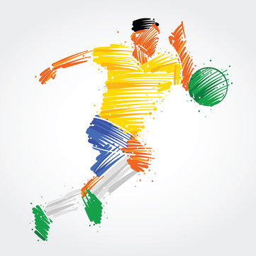 Soccer player running behind the ball made of colorful brushstrokes