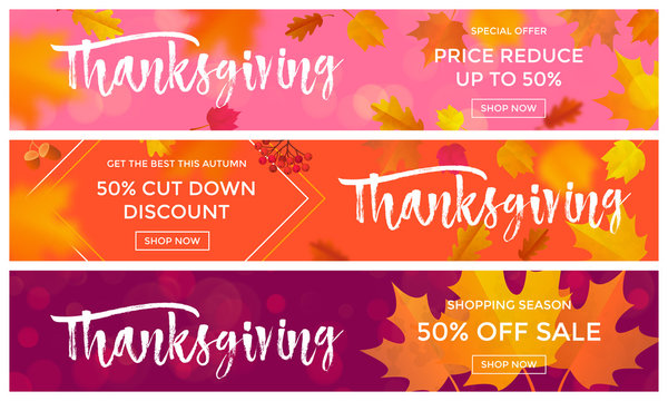 Thanksgiving sale poster or autumn fall season discount promo offer web banners template background for 50 percent price off. Vector autumn maple leaf and calligraphy design for Thanksgiving sale