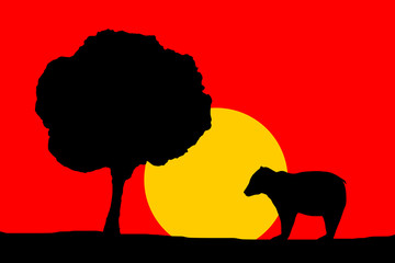 nature illustration - night moon bear silhouette and tree with red sky background