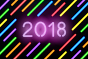 Neon 2018 greeting card. Illustration with glowing numbers and color neon lines