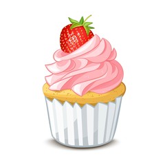 Hand drawn vanilla cupcake with cherry on top, cartoon colorful food sketches, isolated on white background. Vector illustration.